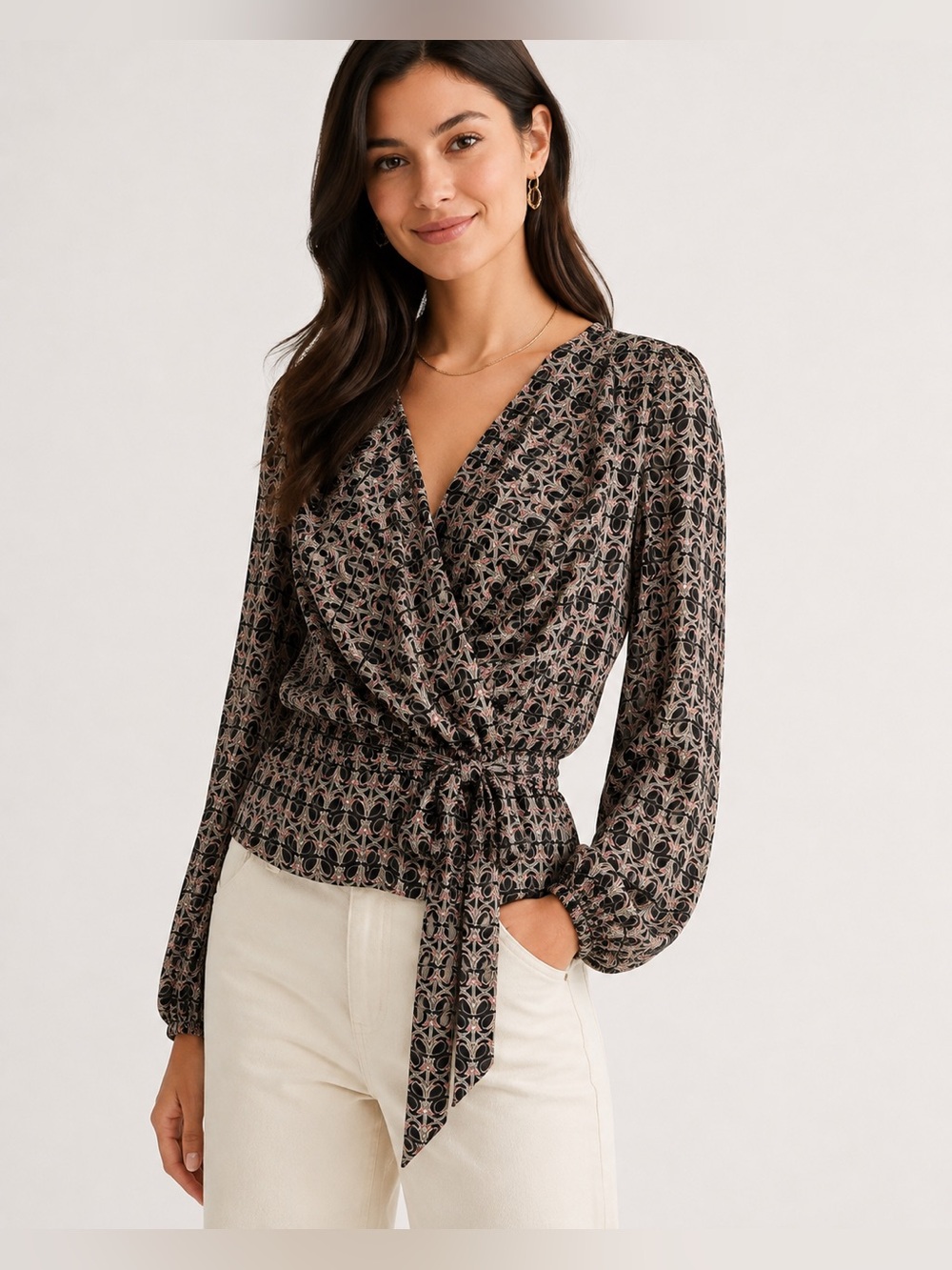 Max Studio WOMENS Black Sage & Peach Wrap Ruffle Tie Waist Blouse Size Large